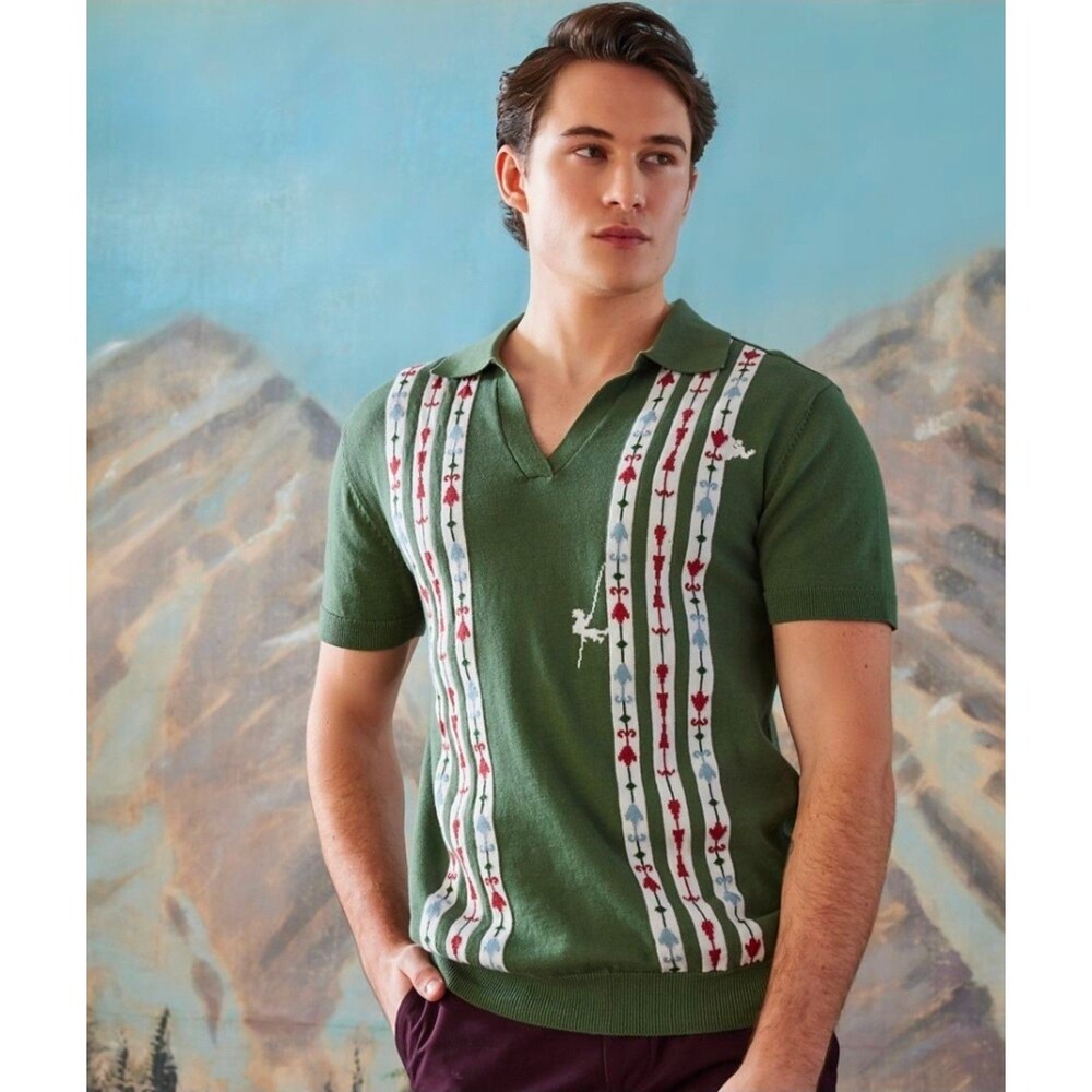 Disney Matterhorn Bobsleds Men's XXL Knitted Green Striped Polo Collar Disney - Picture 2 of 11